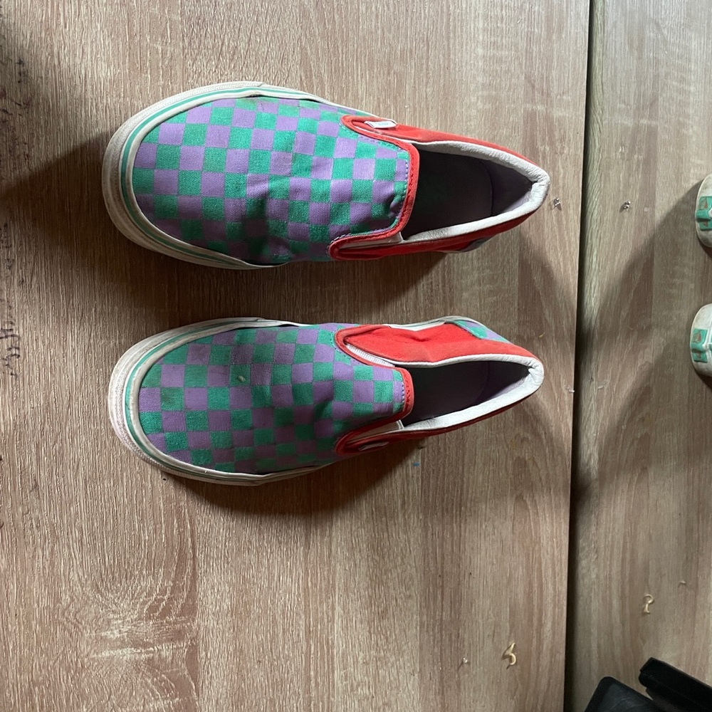 Vans Red and Purple Checkerboard Slip-On Sneakers